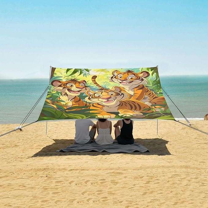 ALAZA Colorful Cartoon Jungle Tigers Beach Tent Sun Shelter Portable Canopy Sunshade for Outdoor Camping Picnics Backyard Fun 10x9 ft