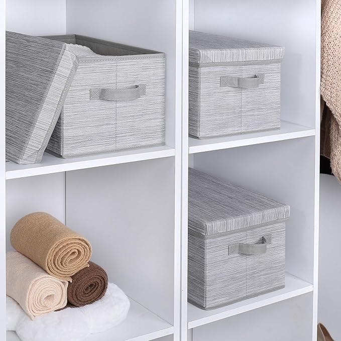 WUIKE Storage Bins with Lids Collapsible Stackable Storage Bins with Handles Clothing Storage Containers for Closet Fabric Shelf Baskets Large Light Gray/Slub Gray 3-Pack
