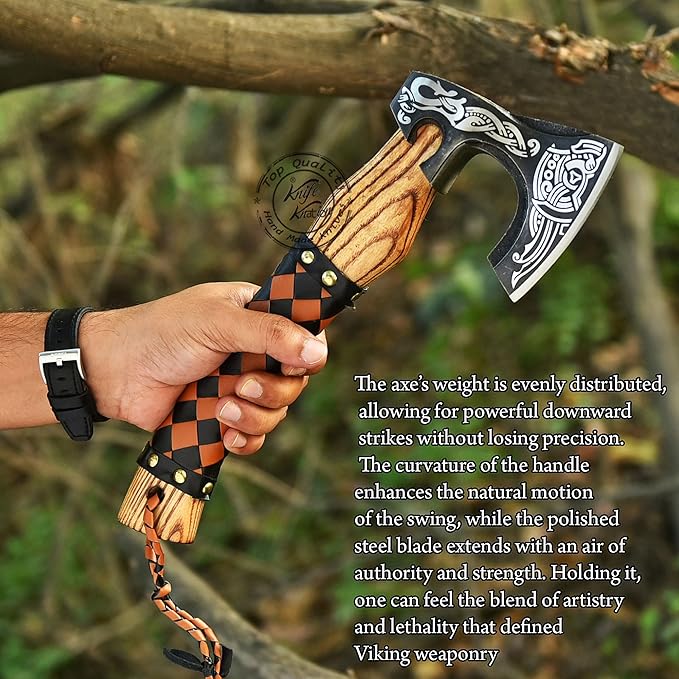 Hand-Forged Engraved Viking Axe Outdoor Camping Hunting Norse Hatchet Axe with Leather-Wrapped Handle &amp Sheath Great for Birthdays Gift Holidays Christmas or Weddings Gift (AXE-02)
