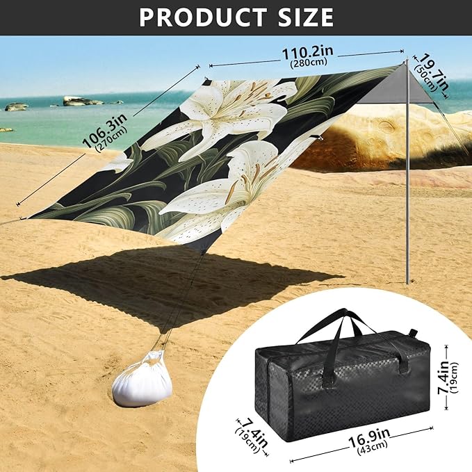 ALAZA White Lily and Plant Beach Tent Sun Shelter Portable Canopy Sunshade for Outdoor Camping Picnics Backyard Fun 10x9 ft