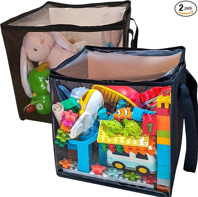 SAM AND MABEL 2 Pack PVC Storage Bins – 12 X 12 X 12 Durable and Foldable Organizer with Transparent Top and Sides Multi-Purpose Boxes for Clothes Deco Books and More (Black)