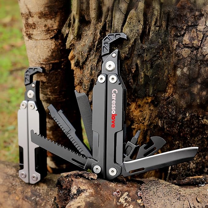 Caressolove Multitool Wrench 16-in-1 420 Steel Multi Tool Folding Knife with Nylon Sheath Fire Starting Sticks Screwdriver Combination Tools Perfect Multi-Tool for Survival Camping and Hiking