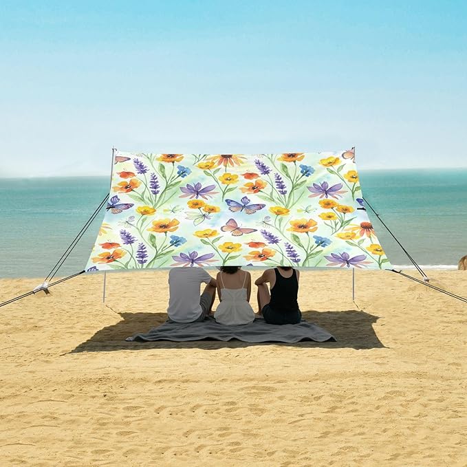 xigua Wildflowers Beach Tent Sun Shelter with Carrying Bag - Silver Coated Oxford Fabric Beach Canopy for Beach Camping Fishing - Includes Windproof Ropes Sandbags &amp Stakes