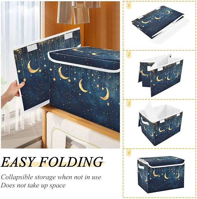 AIXIWAWA Storage Cube with Lid (Golden Moon and Stars) Fabric Foldable Closet Bins with Flip Lid and Handles Organizer Basket Container 16.5 x 12.6 x 11.8 IN
