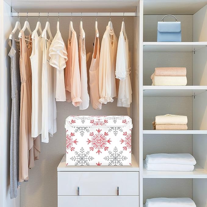 senya Christmas Baskets Collapsible Storage Bins with Lids Snowflakes Red Gray Storage Boxes Clothes Baskets for Organizing