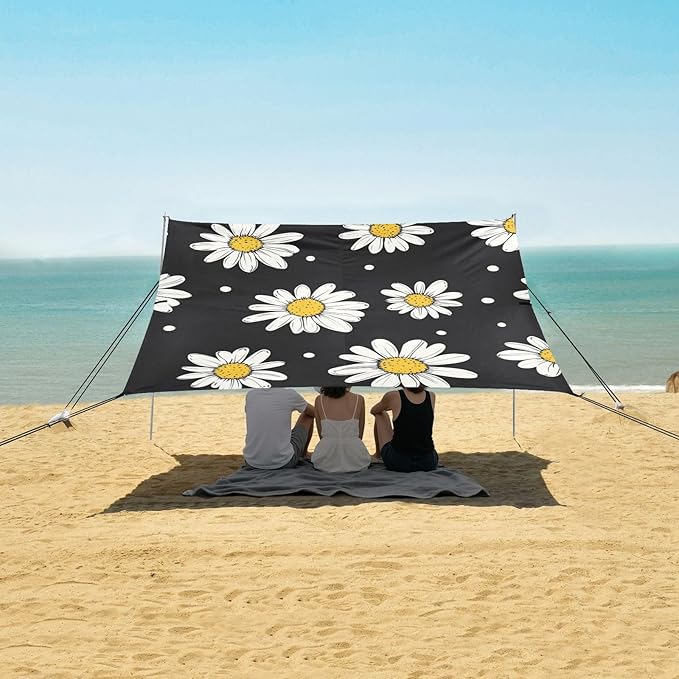 ALAZA Hand Drawn Daisy with Dots Doodle Beach Tent Sun Shelter Portable Canopy Sunshade for Outdoor Camping Picnics Backyard Fun 10x9 ft