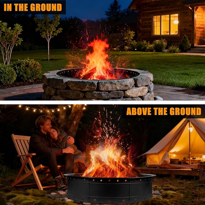 36 Inch Fire Pit Ring Large Outdoor Campfire Pit for Patio Backyard Garden Smokeless Steel Firepit with Air Vent for Efficient Burning &amp Anti-Rust Coating Black Steel