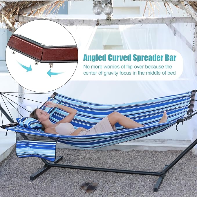 TegerDeger 12FT 2 Person Hammock Large Hammock 450LB Capacity with V Shaped Hardwood Spreader Bar &amp Nylon Rope for Outside Patio Garden Backyard Beach Poolside - Blue Stripes