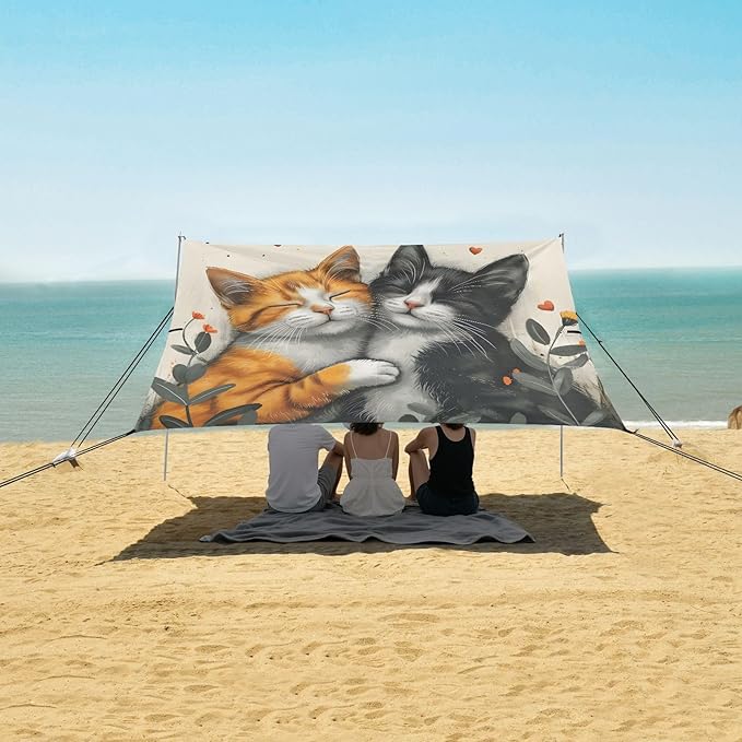 ALAZA Cute Cat Valentine Beach Tent Sun Shelter UPF50+ Protection Beach Shade Canopy w/ 4 Sandbags for Outdoor Camping Fishing Backyard Fun Picnic 10x9 ft