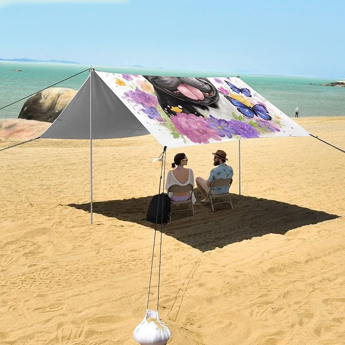 ALAZA Bulldog Puppy Butterfly Beach Tent Sun Shelter UPF50+ Protection Beach Shade Canopy w/ 4 Sandbags for Outdoor Camping Fishing Backyard Fun Picnic 10x9 ft