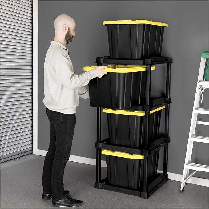 Sterilite 4 Tier Tote Rack Vertical Plastic Organizer with 4 Pack 27 Gallon Industrial Storage Totes Black - for Garages Workshops or Basements