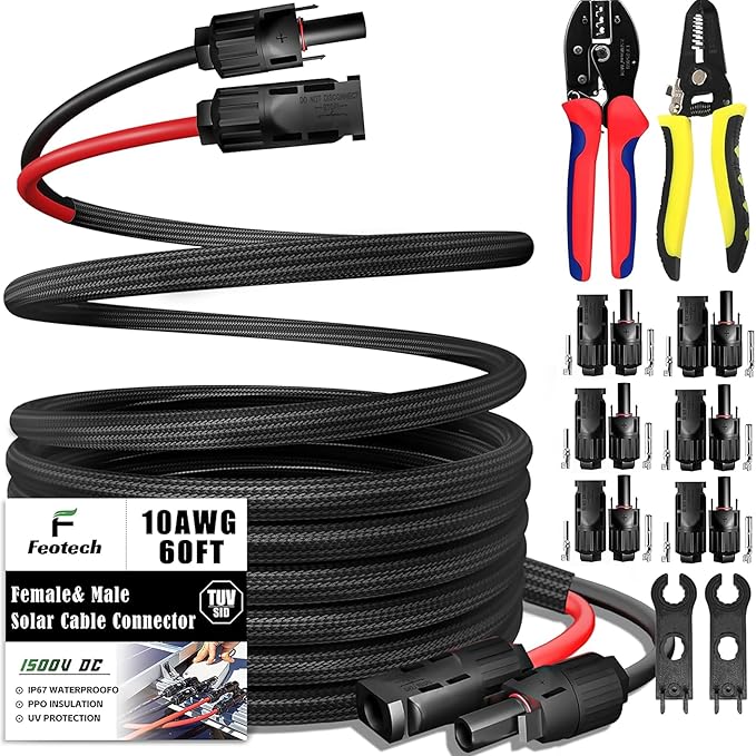 Twin Wire 60 Feet Solar Extension Cable 10AWG with -IP67- Female and Male Connector Bonus Four Pairs of Free Connector Solar Panel Adapter kit Tools (6 Pairs connectors)