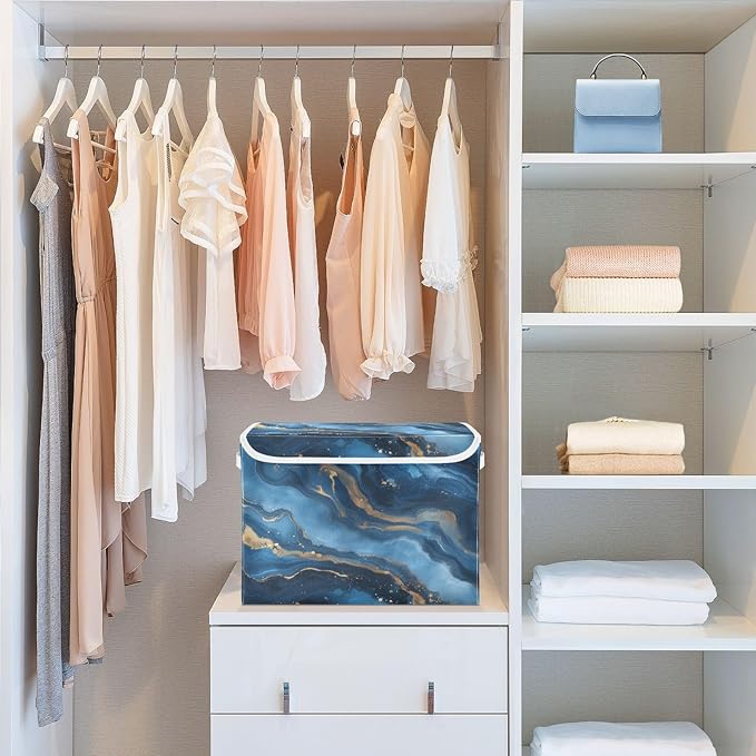 Gold Navy Blue Marble Storage Bins with Lids Foldable Storage Boxes Cube Closet Storage Baskets Container Organizers for Home Bedroom Office