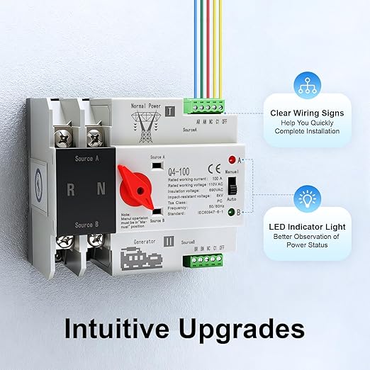 Dual Power Automatic Transfer Switch 2P 100A ATS Dual Power Generator Changeover Switch 110V Mini Electrical Selector Switches