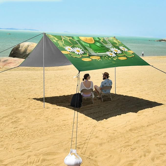 Beach Canopy with Windproof Ropes &amp Sandbags Beach Tent Sun Shade Sun Shelter for Camping Trips Fishing Backyard Fun or Picnics St. Patrick's Day
