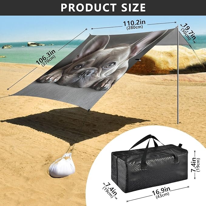 ALAZA Cute Funny French Bulldog Beach Tent Sun Shelter Portable Canopy Sunshade for Outdoor Camping Picnics Backyard Fun 10x9 ft