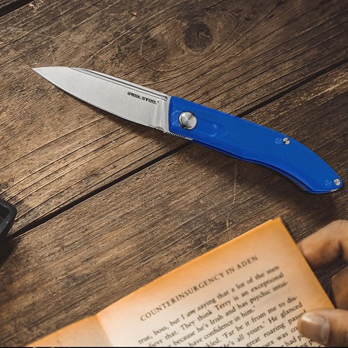 Real Steel Stella Slipjoint Folding Knife - 2.95 VG-10 Satin Blade G10 Textured Grip - Camping Hiking Daily Cutting - EDC Knife for Men and Women (Blue)