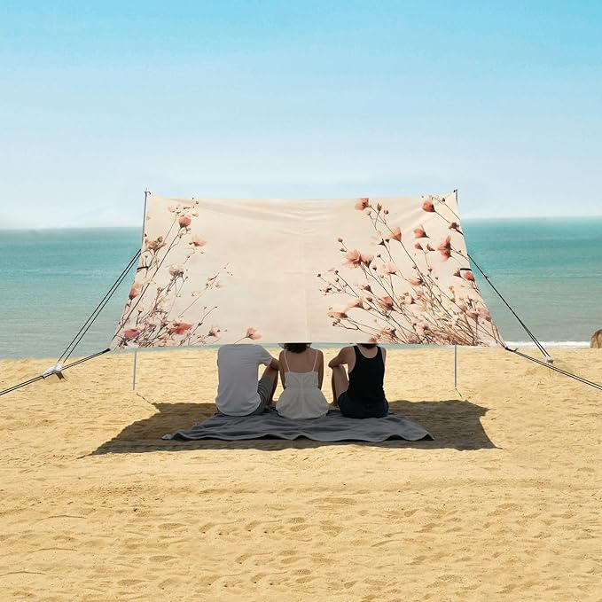 Vintage Field Flowers Beach Tent Sun Shelter Set UPF50+ UV Protection 10.5 x 9.19 FT Camping Shade Canopy with Sandbags Sand Anchors Carrying Bag and Others
