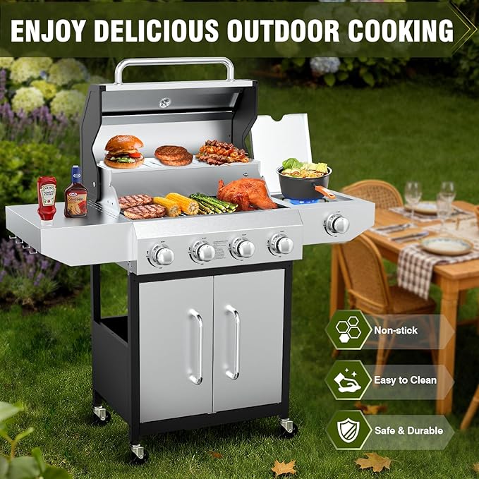 BESTFIRE 60000 BTU 4+1 Burner Propane Gas Grill - 647 sq. inches Stainless Steel Outdoor BBQ with Porcelain-Enameled Cast Iron Grates Side Burner &amp Storage Cabinet for Patio and Backyard Cooking