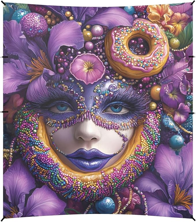 Irises Beads Mask Doughnut Hat Mardi Gras Foldable Beach Canopy UPF50+ Protection Waterproof Portable Sun Shelter with Sand Pockets for Family Trips Picnics &amp Camping