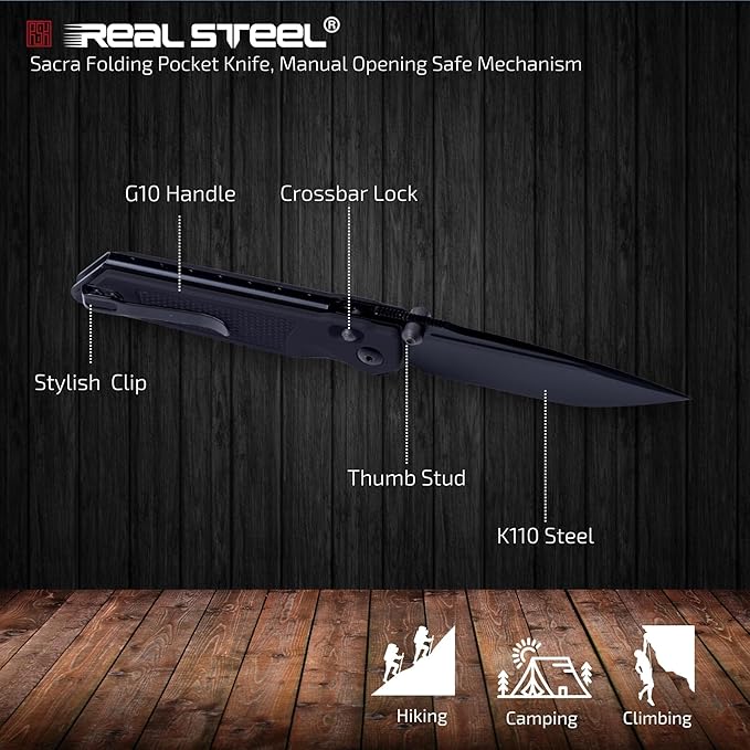REALSTEEL SACRA Tac Pocket Knife Folding Knife Crossbar Lock 3.31 Böhler K110 Steel Blade Thumb Stud G10/Micarta Handle 2.58oz Deep-carry Pocket Clip EDC Outdoor Indoor Gifts for Men Women C