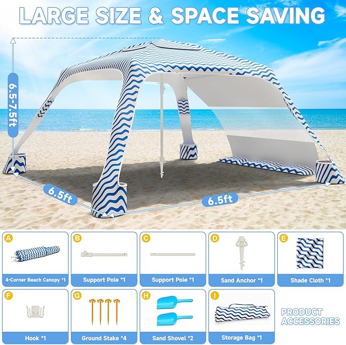 Beach Cabana 6.5'×6.5' Beach Canopy with UPF50+ Protection Beach Tent Sun Shelter Sun Umbrella with Removable Side Wall Portable Shade Sun Shelter for Beach Garden Camping (Wave Pattern)