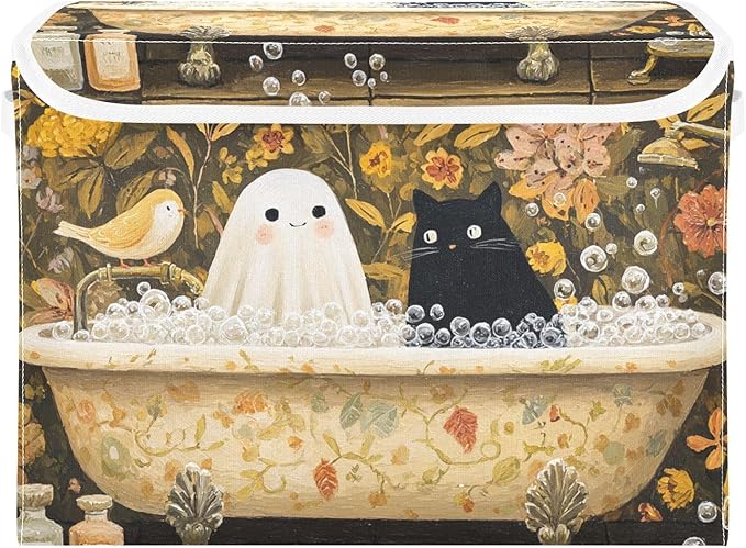 Halloween Ghost Cat Flowers Yellow Storage Box with Lid 1 PC Foldable Storage Bin with Lids Stackable Storage Bins Cube Closet Organizer Basket with Flip-Top Lid &amp Handles for Shoes Books Towels
