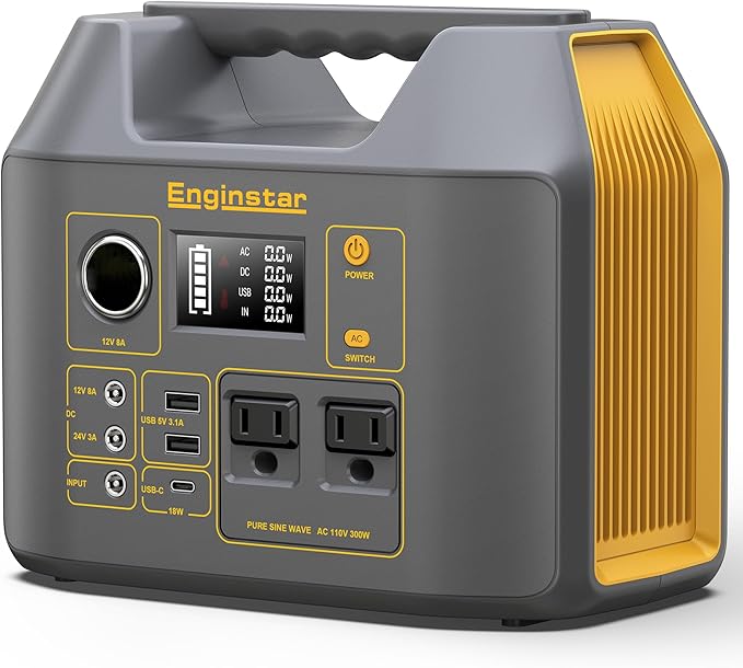 Portable Power Station EnginStar 300W Solar Generator 110V 296Wh Power Bank Two Pure Sine Wave AC Outlet 80000mAh Lithium Battery Pack for Camping Outdoors Trip RV Hunting Vans Emergency Backup