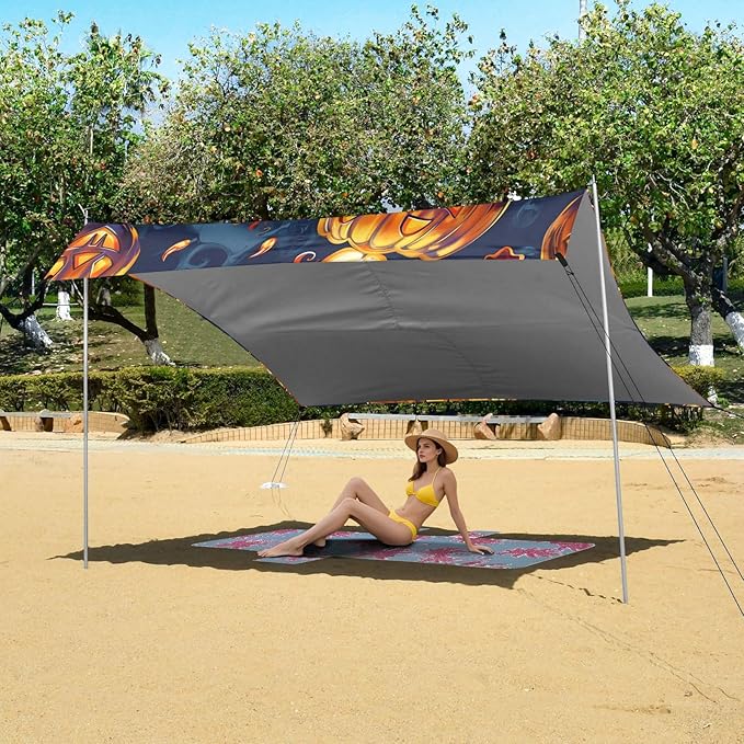 ALAZA Pumpkin Laugh Halloween Beach Tent Sun Shelter UPF50+ Protection Beach Shade Canopy w/ 4 Sandbags for Outdoor Camping Fishing Backyard Fun Picnic 10x9 ft