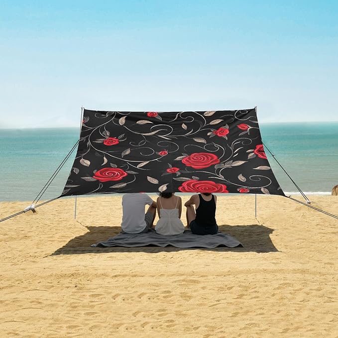 ALAZA Red Rose on Black Beach Tent Sun Shelter Portable Canopy Sunshade for Outdoor Camping Picnics Backyard Fun 10x9 ft