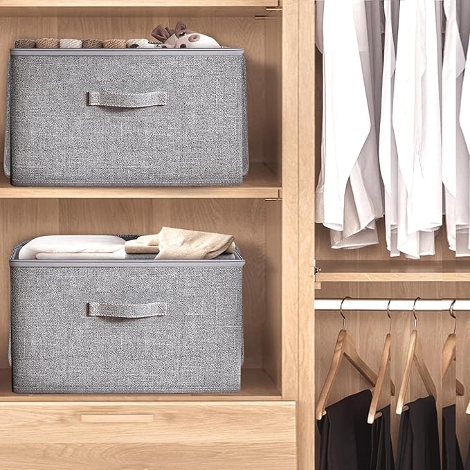 Collapsible Storage Bins for Home OrganizationGrey storage Bins Waterproof Fabric Foldable Organizer Boxes [3 Pack] 19.29in x 14.57in x 12.2in (49CM x 37CM x 31CM)