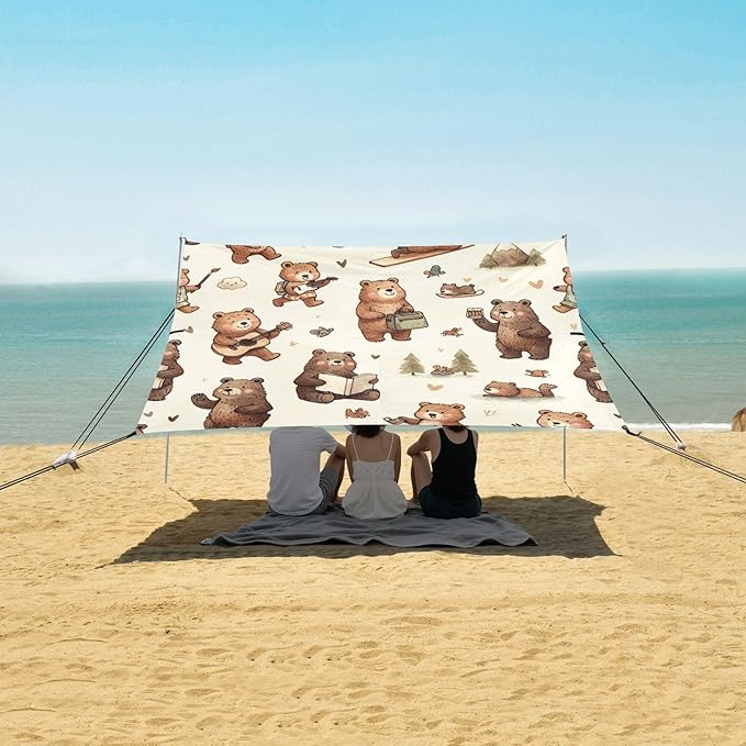 Brown Bears Daily Life Beach Tent Sun Shelter Set UPF50+ UV Protection 10.5 x 9.19 FT Camping Shade Canopy with Sandbags Sand Anchors Carrying Bag and Others
