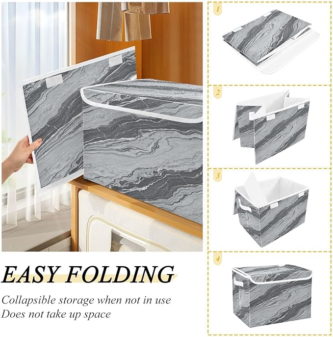 Storage Bins With Lid Stackable Fabric Closet Organizer Clothing Storage Large Boxes For Closet Shelves Bedroom Dark Grey Marble