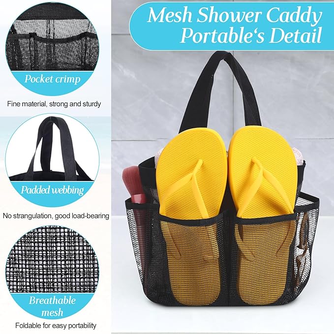 8 Packs Mesh Shower Caddy Portable Large Shower Caddy Dorm with 8 Pockets and Handles Quick Dry Shower Bags Hanging Bath Bag Dorm Room College Essentials for Bathroom Gym Camp (Black)