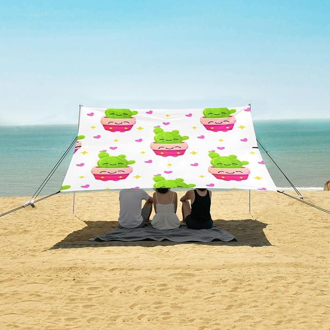 Beach Canopy with Windproof Ropes &amp Sandbags Beach Tent Sun Shade Sun Shelter for Camping Trips Fishing Backyard Fun or Picnics Cactus