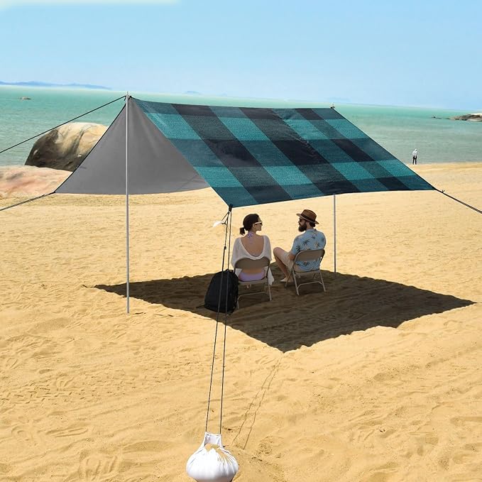 Darkcyan Buffalo Plaid Check Tartan Scotland Beach Tent UPF50+ Protection Lightweight Portable Sun Shelter with Sand Shovel for Camping Picnics Backyard