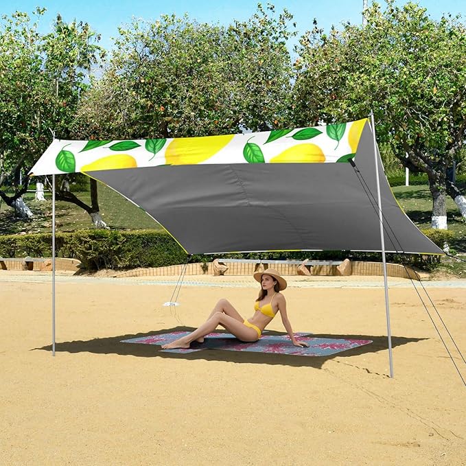 Beach Canopy with Windproof Ropes &amp Sandbags Beach Tent Sun Shade Sun Shelter for Camping Trips Fishing Backyard Fun or Picnics Lemons