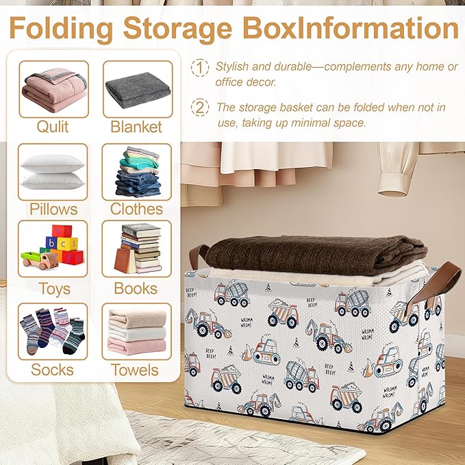 Storage Bin with Handles Cute Car Excavator Collapsible Laundry Baskets for Books Laundry - Use in Nursery Closet Organizers and Storage Blanket Basket