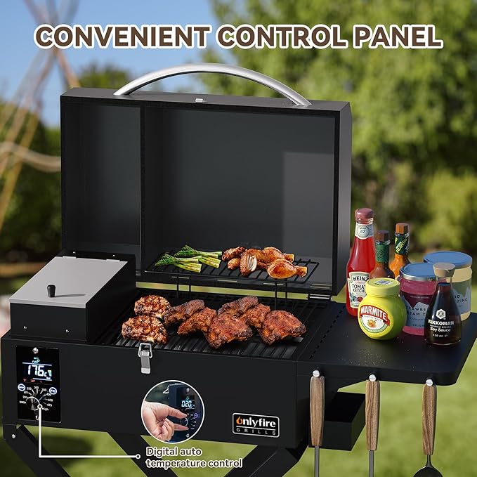 BBQ Wood Pellet Grill Smoker with Foldable Cart Meat Probe 2 Tiers Cooking Area Portable Grilling Stove for Outdoor Kitchen Cooking Smoke and Roast RV Camping Black GS343