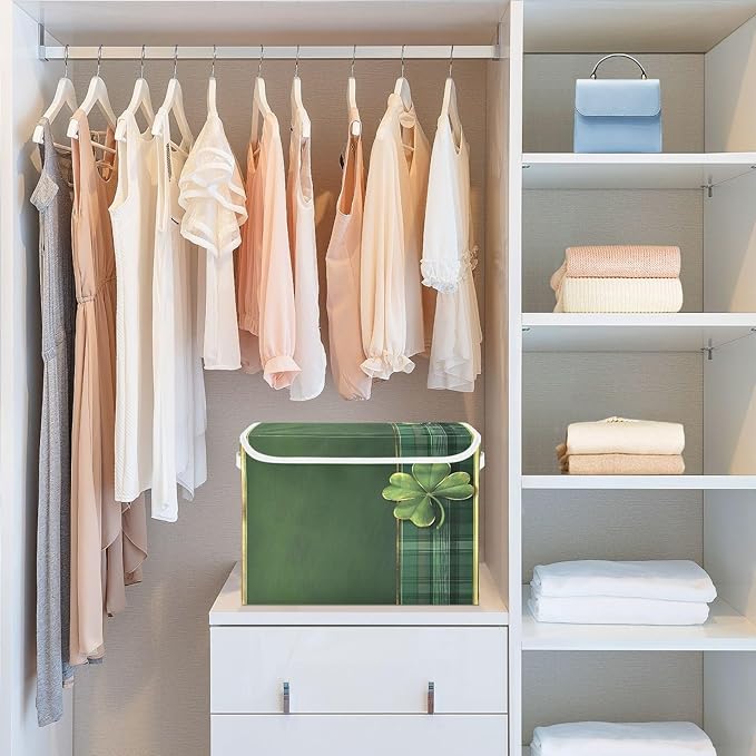 Storage Baskets with Lids Green Plaid Clover Collapsible Bins Stackable Fabric Linen Baskets Closet Organizer Container 16.5x12.6x11.8