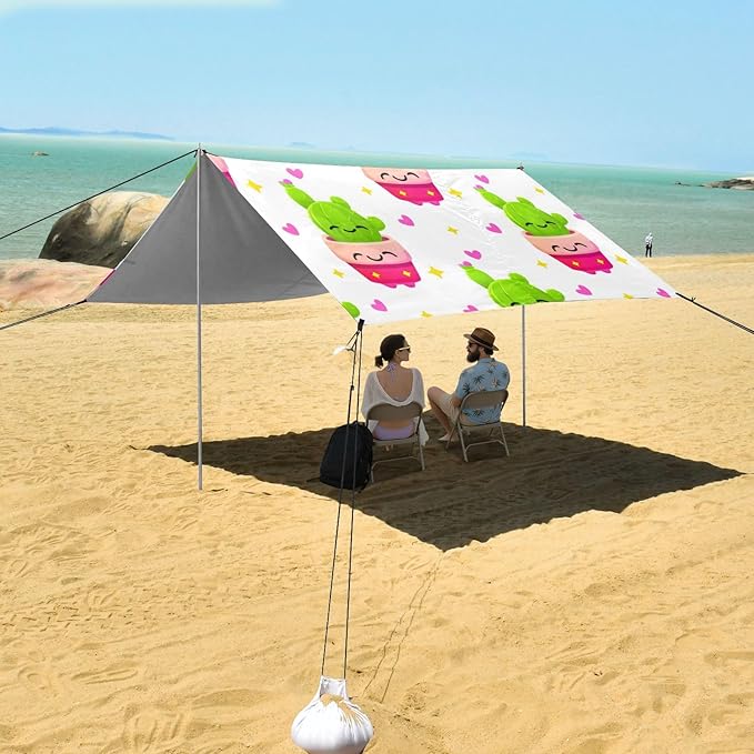Beach Canopy with Windproof Ropes &amp Sandbags Beach Tent Sun Shade Sun Shelter for Camping Trips Fishing Backyard Fun or Picnics Cactus