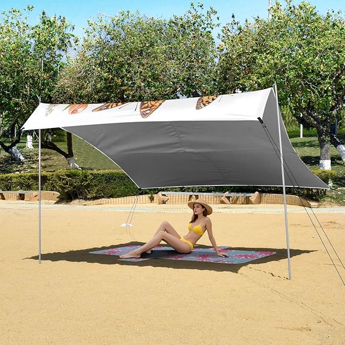 Summer Flowers Butterflies Beach Canopy UPF50 Lightweight Sun Shelter with Sandbags and Shovel for Camping Picnics Backyard &amp Fishing