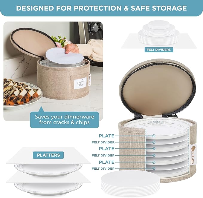 China Storage Hard Shell Containers 8-Piece Set Moving Boxes for Dinnerware Glasses Plates Mugs and Saucers Sturdy Dish Organizer with Dividers for Seasonal Storage - Service for 12 - Brown