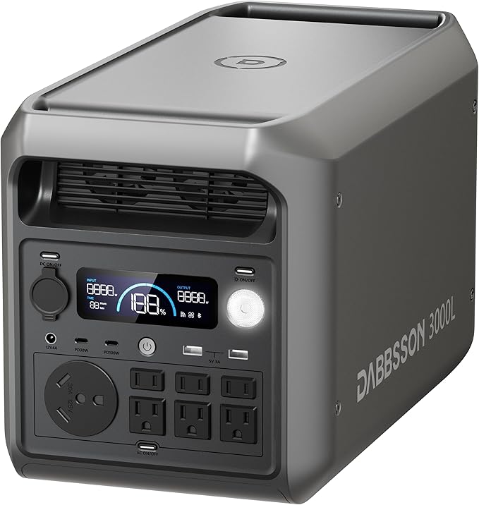DABBSSON 3072Wh Portable Power Station Semi-Solid LiFePO4 3000W AC Output 6TT-30 1 for Charging RVP-Boost 3600W Compact Lightweight 1.3X Runtime0-80% 1.5H3000L Solar Generator for Camping/Home