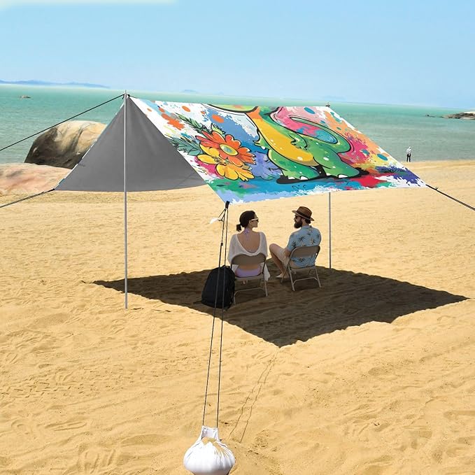 Funny Dinosaur1 Beach Tent &amp Canopy UPF50+ Protection Easy Setup Large Portable Sun Shelter with Sturdy Poles Sandbags and Shovel for Camping Fishing Backyard Fun
