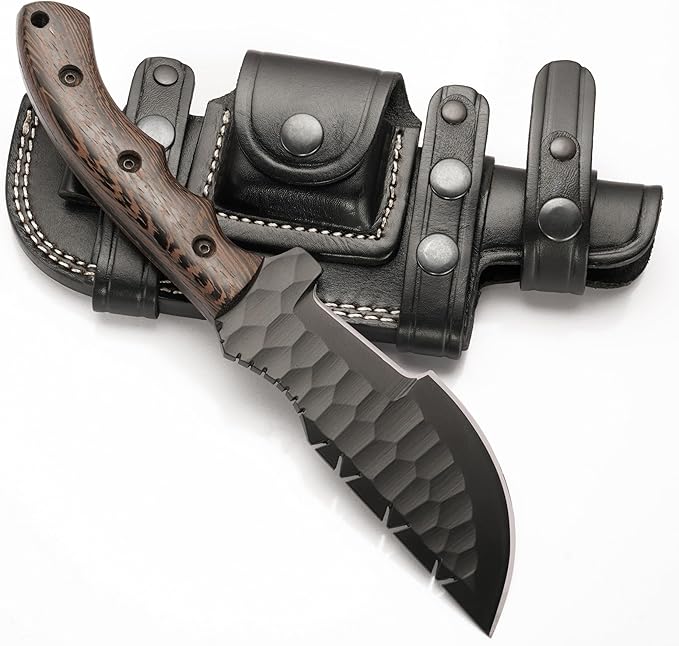 Ottoza 1095 Carbon Steel Tracker Knife with Horizontal Carry Leather Sheath – Full Tang Fixed Blade Survival Knife for Outdoors and Wenge Wood Handle 412