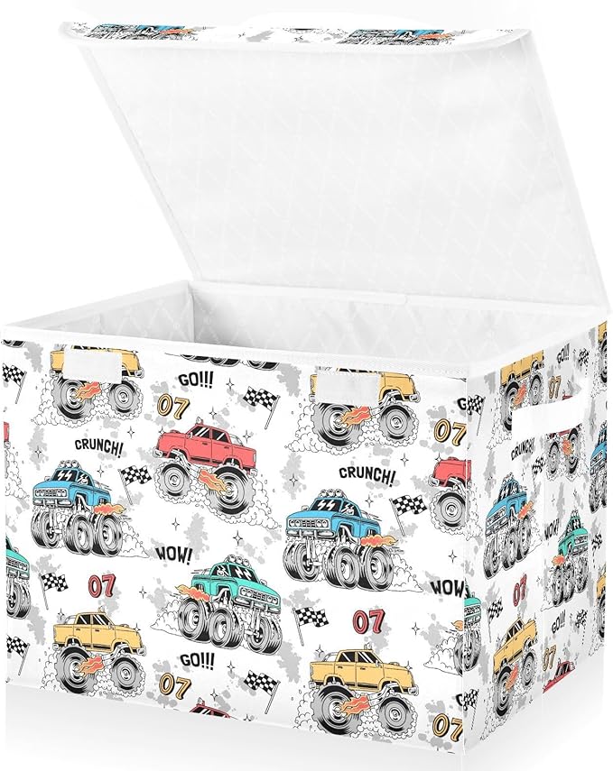 Monster Trucks Lidded Home Storage Bins Closet Storage Bins Foldable Oxford Fabric Storage Box for Home Bedroom Closet Office (16.5x12.6x11.8 in)