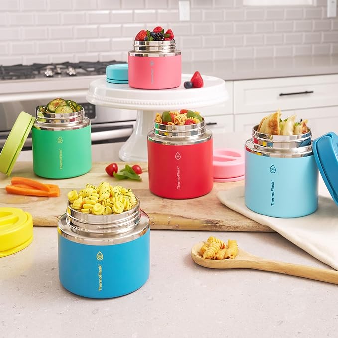 ThermoFlask 20 oz Double Wall Insulated Food Jar 2-Pack Sugar Coral + Maui Blue/Maui Blue + Sunrise