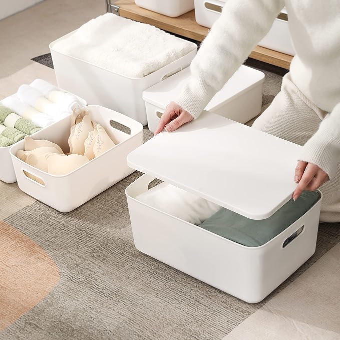 Yishyfier Plastic Storage Baskets Bins Boxes With LidsOrganizing Container White Storage Organizer Bins For Shelves Drawers Desktop Playroom Classroom Office3-Pack(M+2S)