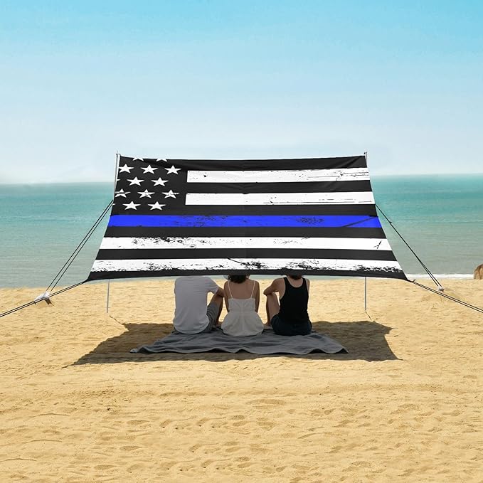 Vintage American Police Support Flag Foldable Beach Canopy UPF50+ Water-Resistant Sun Shelter Includes Sand Shovel Sandbags Stability Poles for Family Trips Picnics &amp Camping